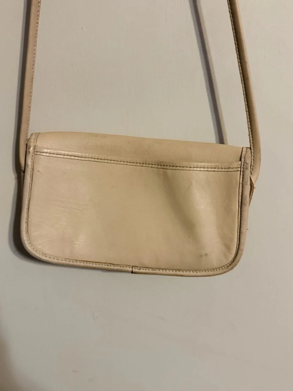 Vintage Cream Leather Crossbody Bag Minimal Flap‎ Neutral Classic Purse